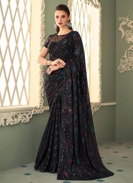 Black Sparkle TFH New Latest Designer Party Wear Smooth Georgette Saree Collection 7212